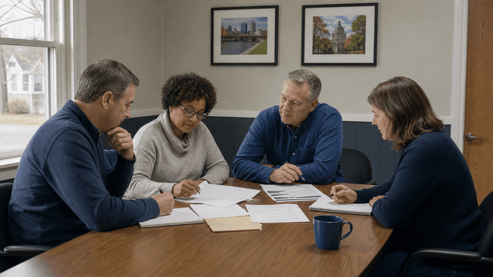 Ohio investment club members reviewing meeting notes and assignments around a table