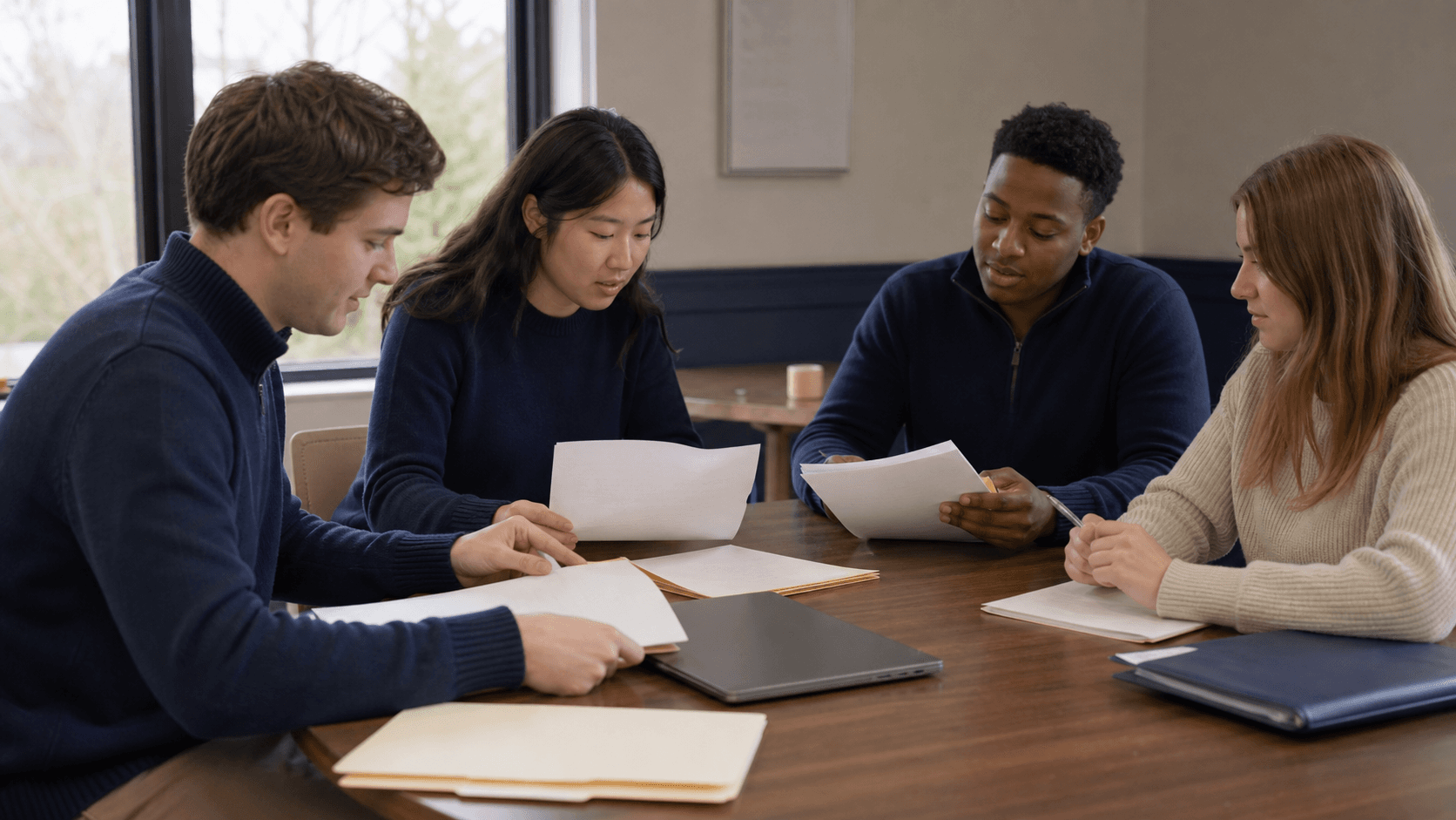 Investment club officers organizing brokerage application records at a table