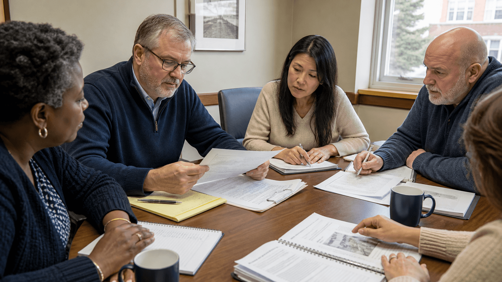 Ohio investment club members comparing source notes and company research around a table