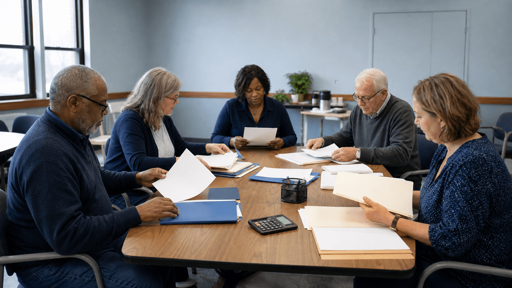 Ohio investment club officers organizing a meeting record packet at a shared table