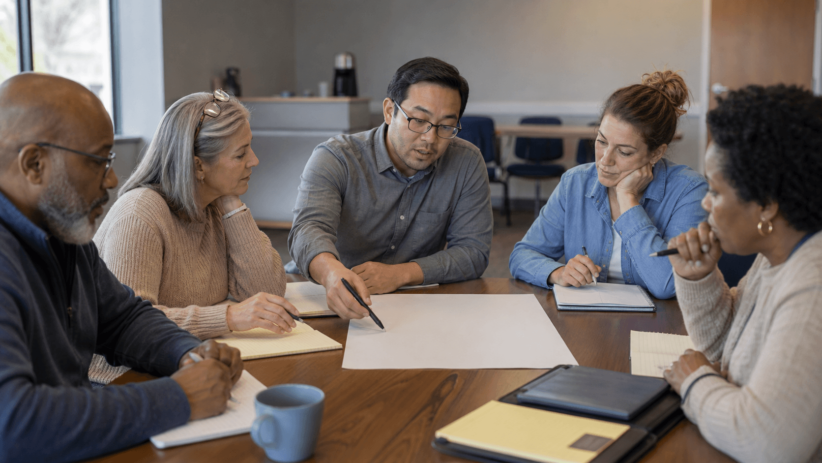 A small Ohio investment club planning group reviewing a launch worksheet around a table