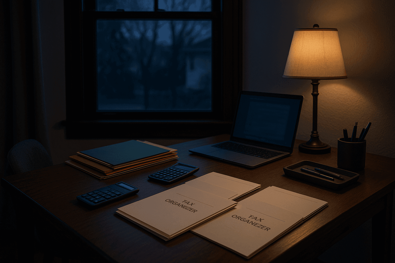 A quiet evening desk scene with a calculator, blank tax organizers, a laptop showing indistinct charts, and color-coded folders under warm window light.