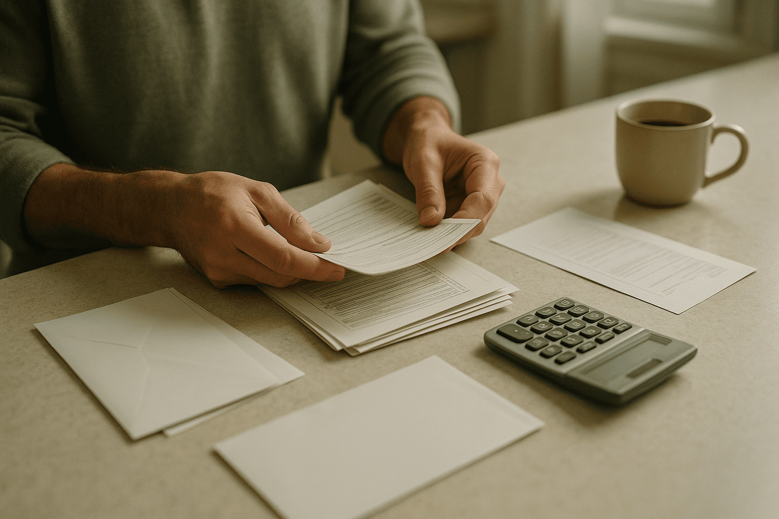 Close-up of hands sorting tax paperwork, a calculator, and envelopes on a kitchen counter, illustrating K-1 gains without cash distributions.