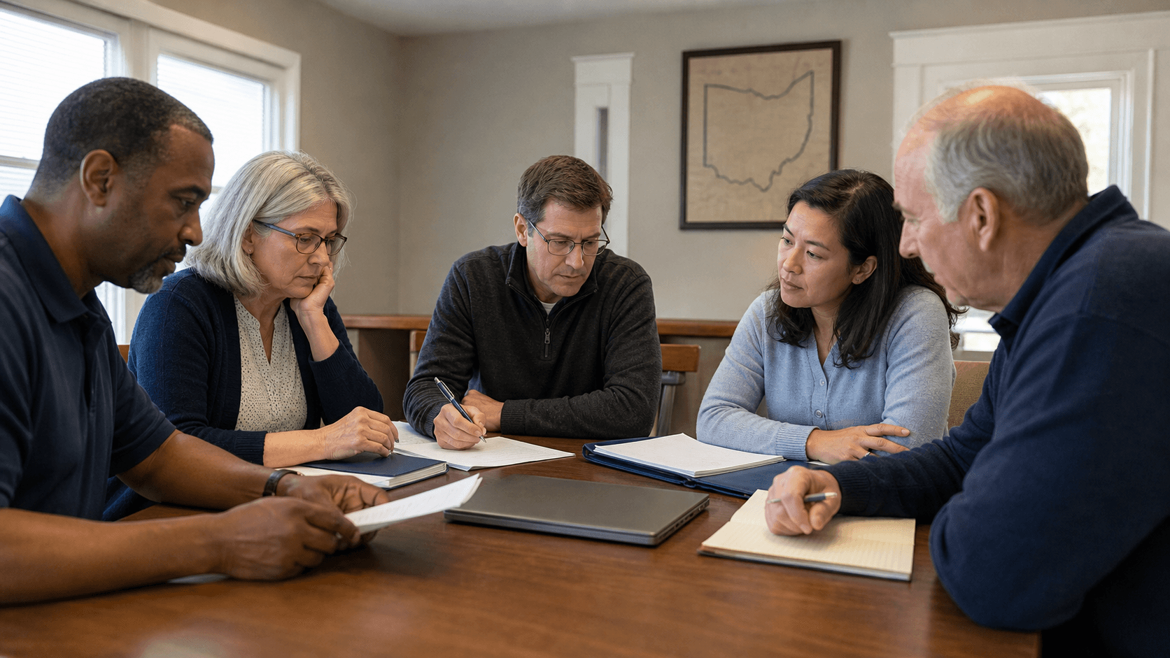 Ohio investment club organizers reviewing a launch checklist at a meeting table