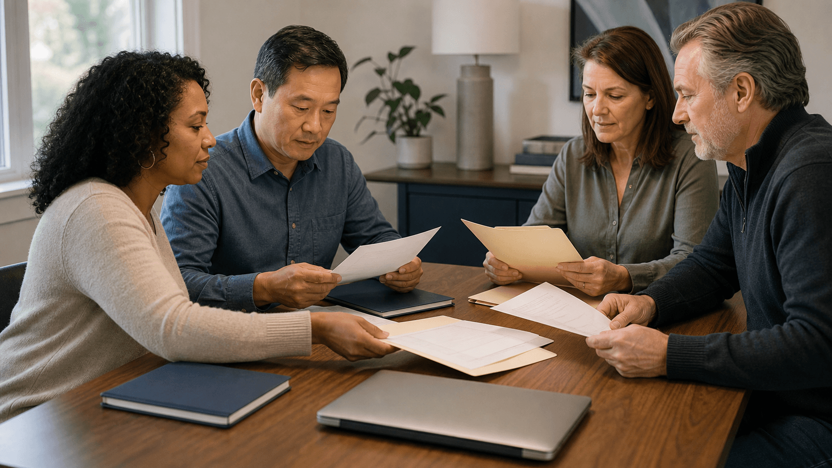 Ohio investment club officers organizing account-opening records at a meeting table