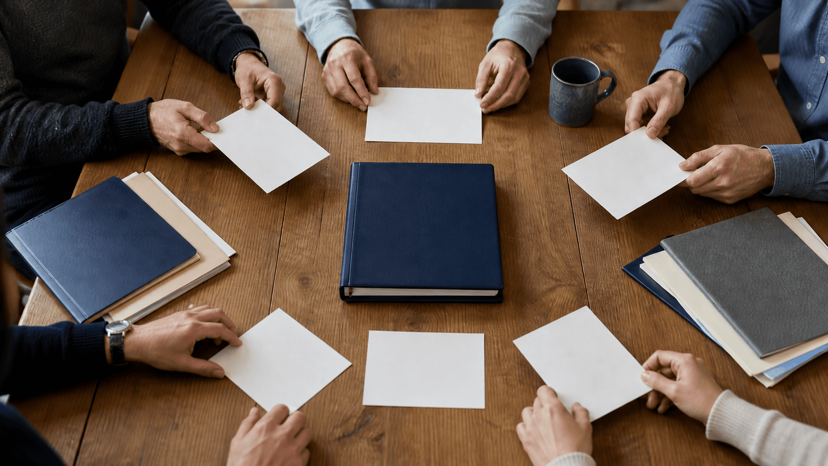 Members arranging blank planning cards around a navy agreement binder at an Ohio dining table