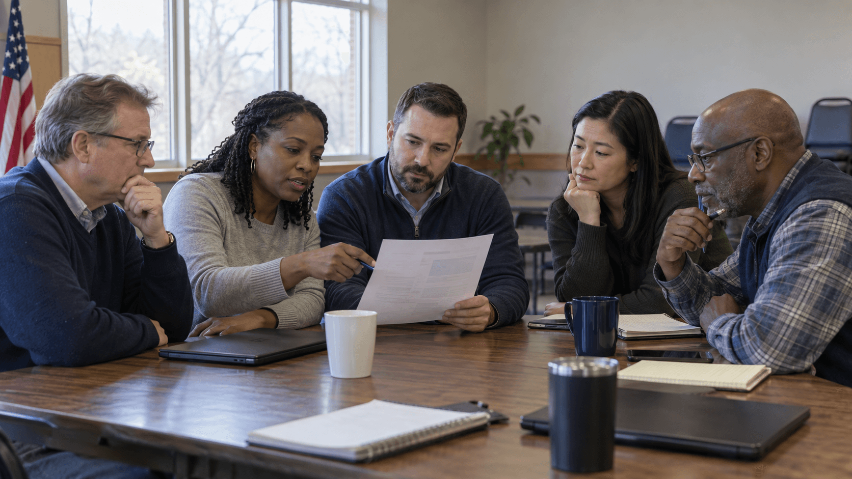 Ohio investment club members reviewing a one-page company research note before a meeting vote