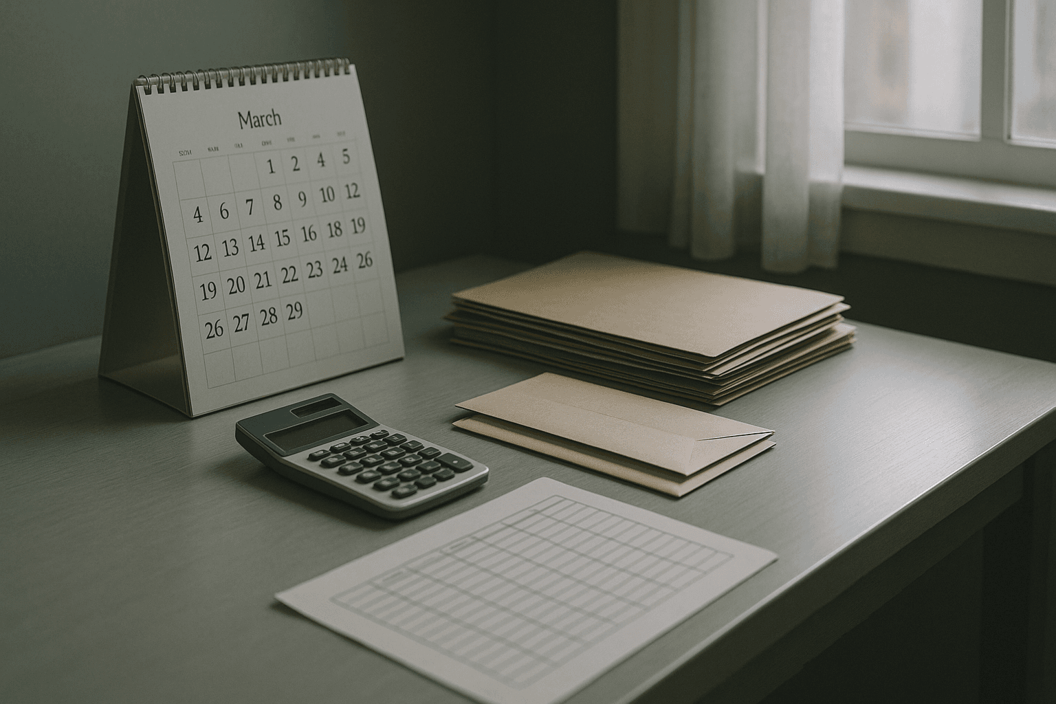 A muted documentary-style close view of a desk calendar beside a calculator, folders, and a handwritten partner roster, suggesting year-end tax coordination for an investment club.