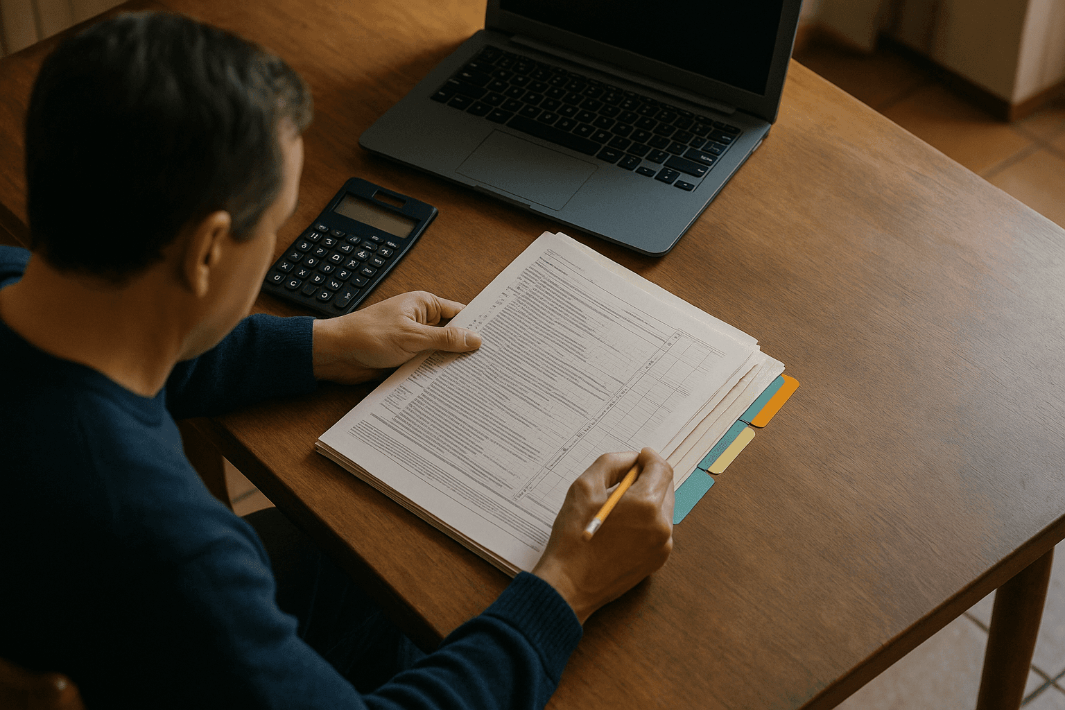 A close tabletop view of an adult reviewing a tax packet with highlighted form sections, a calculator, and color tabs beside a laptop in warm evening light.